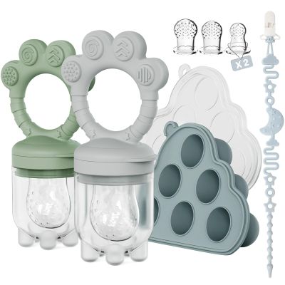 2 Pack Baby Fruit Food Feeder + Breastmilk Popsicle Molds,Baby Teethers,BPA Free,3 Sizes,2mm Fine Holes to Prevent Choking,Perfect for Teething Relief & Infant Solid Food Introduction,3 M+ (Sage/Grey)