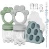 2 Pack Baby Fruit Food Feeder + Breastmilk Popsicle Molds,Baby Teethers,BPA Free,3 Sizes,2mm Fine Holes to Prevent Choking,Perfect for Teething Relief & Infant Solid Food Introduction,3 M+ (Sage/Grey) view 1
