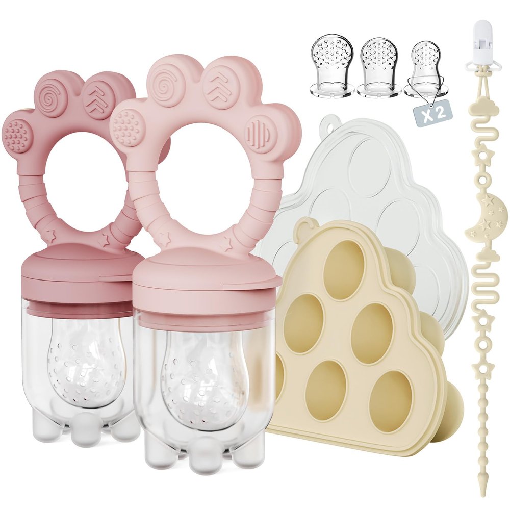 2 Pack Baby Fruit Food Feeder+Breastmilk Popsicle Molds,Baby Teethers,BPA Free,2mm Fine Holes to Prevent Choking,Perfect for Teething Relief & Infant Solid Food Introduction,3M+Mauve Pink, Soft Pink