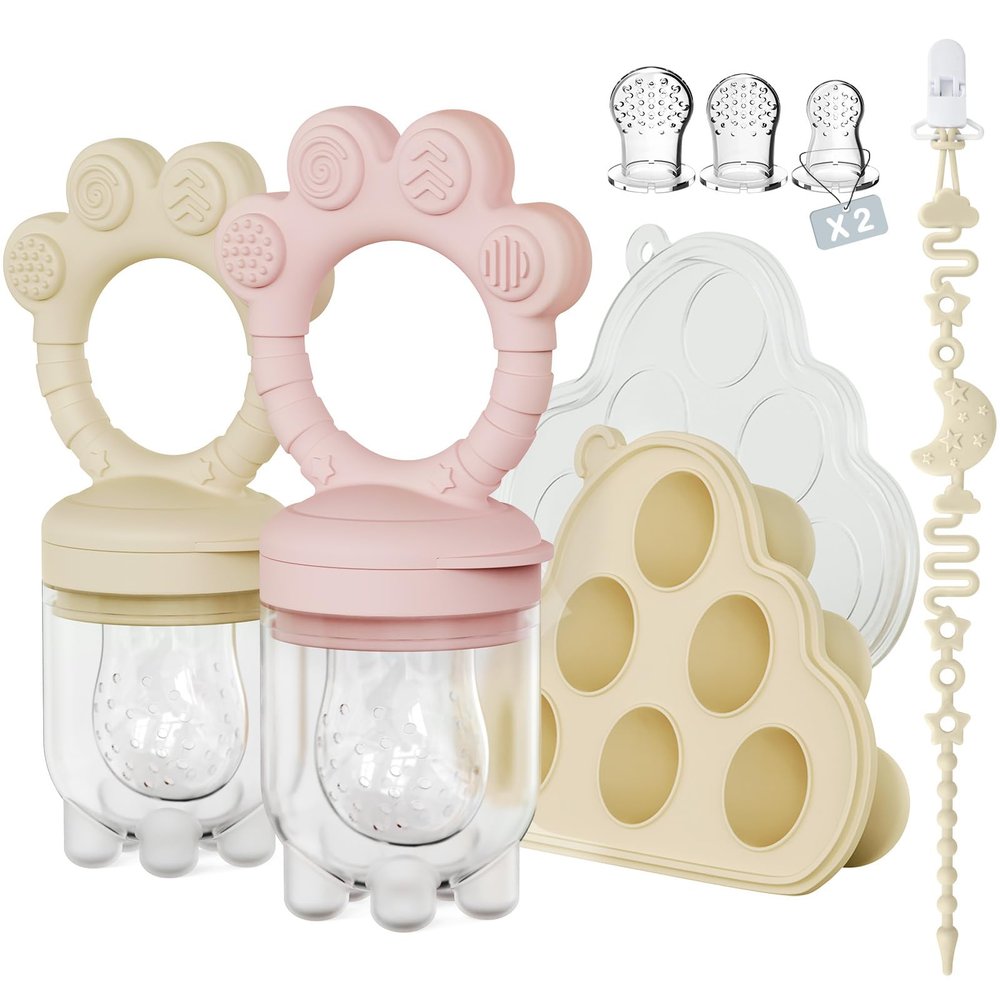 2 Pack Baby Fruit Food Feeder+Breastmilk Popsicle Molds,Baby Teethers,BPA Free,2mm Fine Holes to Prevent Choking,Perfect for Teething Relief & Infant Solid Food Introduction,3 M+ Mauve Pink, Cream
