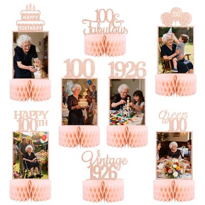 100th Birthday Table Centerpieces  8 Pcs Vintage 1926 Honeycomb Decorations For Women Bday Party Supply, Cheers to 100 Photo Table Topper Celebration Decor(Rose Gold)