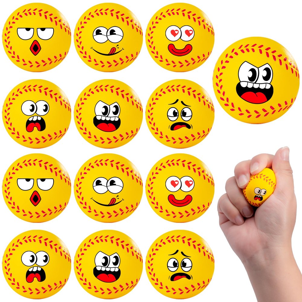 12 Pack Softball Stress Balls with 6 Funny Faces - 1.57 Inch Mini Squishy Softball Party Favors, Goodie Bag Stuffers, Classroom Treasure Box Prizes, Teen Anxiety Relief Toys & Kids Birthday Gifts