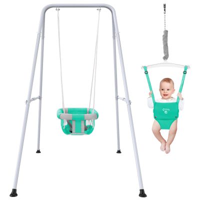 2 in 1 Baby Jumper with Swing - Indoor and Outdoor Use, Baby Jumpers and Bouncers, Toddler Swing with Foldable StandMint Green