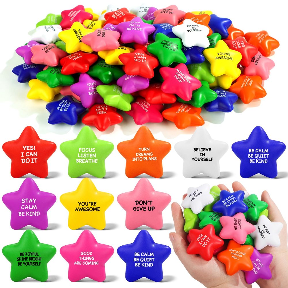 108 Pack Motivational Star Stress Balls Bulk for Adults Kids, Ten Colorful Foam Fidget Anxiety Relief Toys with Inspirational Quotes, Office Appreciation Gift, Classroom Prizes