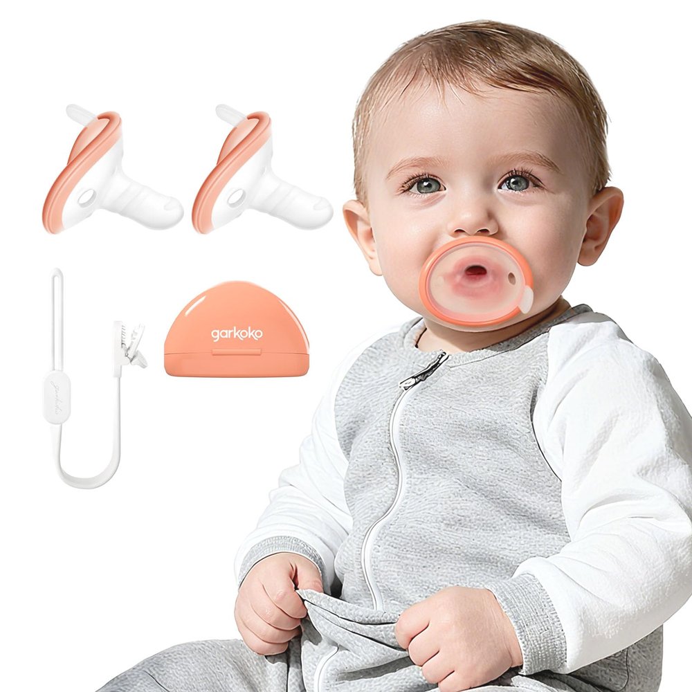 Garkoko 2-Pack Teething Pacifiers with Clip & Case, for Babies 0-18 Months, Thumb Shape Avoid Baby Biting Hands, Non-Touch Face, Food-Grade Silicone, Baby Teething Relief