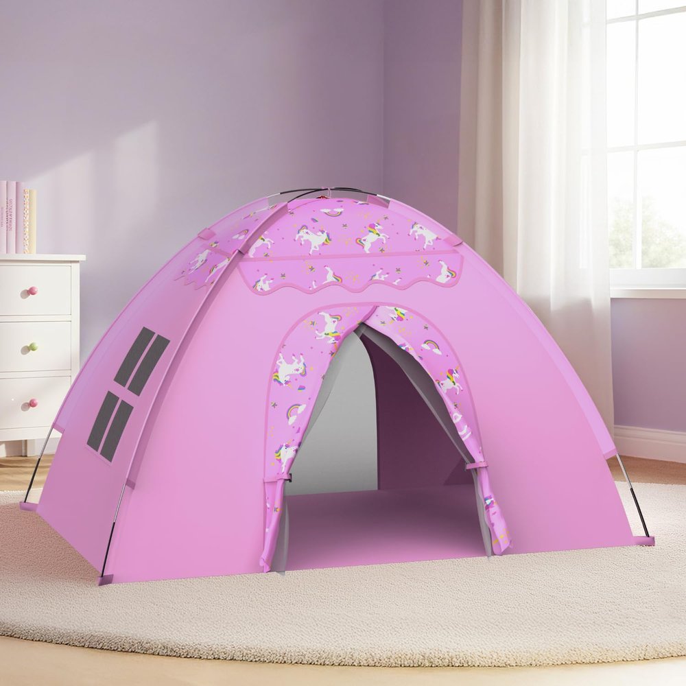 AFUNX Unicorn Play Tent for Girls Ages 48, Extra Large Kids Indoor Play Tent 70" L x 45" W x 43" H, Lavender Pink Foldable Tent with Rainbow & Unicorn Print, Easy Setup, Fits 24 Kids