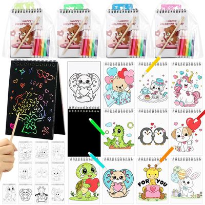 24 Pack Valentines Day Party Favors for Kids Coloring Books Scratch Craft Art Valentine's Day Classroom Gifts Class Prize Bulk Birthday Party Goodie Bag Stuffer with Drawing Stick Pencils Bag