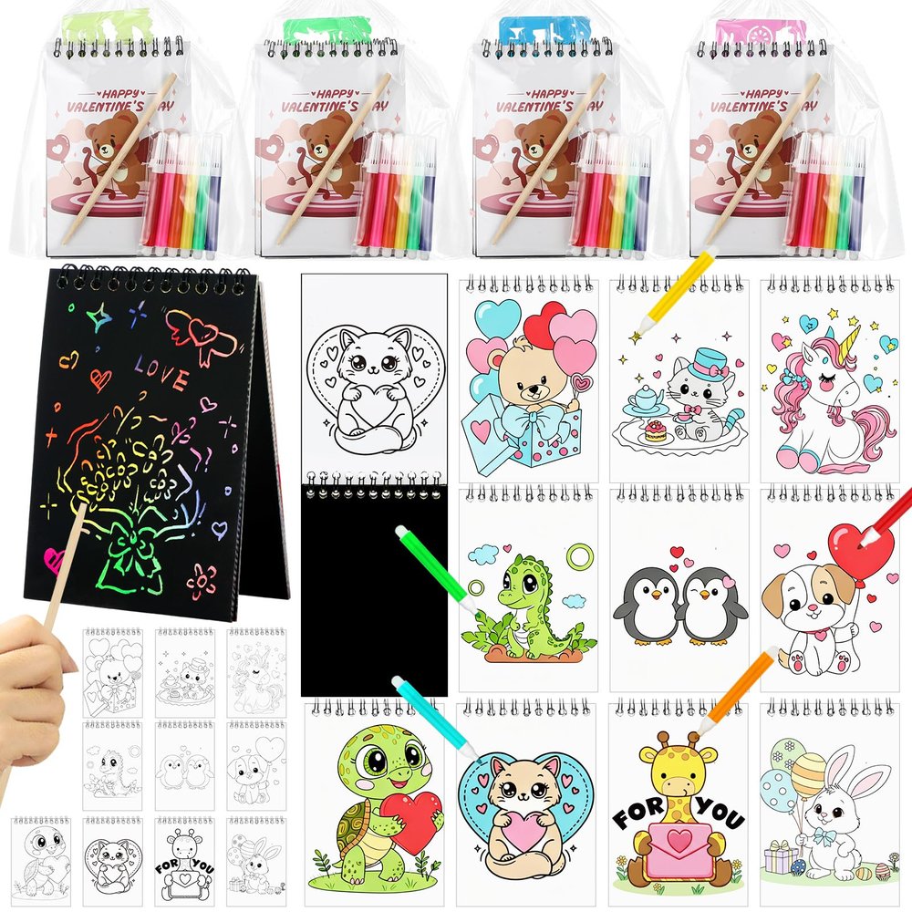24 Pack Valentines Day Party Favors for Kids Coloring Books Scratch Craft Art Valentine's Day Classroom Gifts Class Prize Bulk Birthday Party Goodie Bag Stuffer with Drawing Stick Pencils Bag