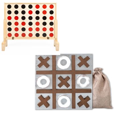 Giant 4-in-a-Row Outdoor Game & Magnetic Tic-Tac-Toe Bundle  XL Wood Yard Game with Carry Case + Wall-Mounted Farmhouse Decor Board for Family Fun, Adults & Kids