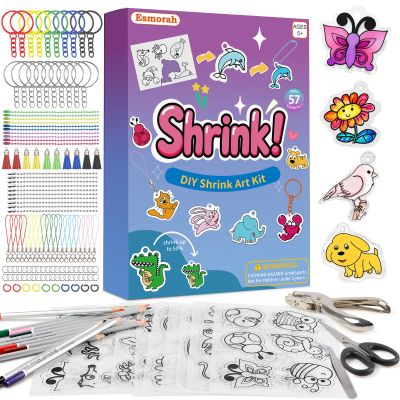 205PCS Shrink Dink Sheets Keychain Kit, Shrink Plastic Sheets with 10 Pre-Printed Shrinking Paper, 12 Colored Pencils, Scissors, Hole Punch & 181PCS Accessories for Kids Crafts, Back-to-School Gift