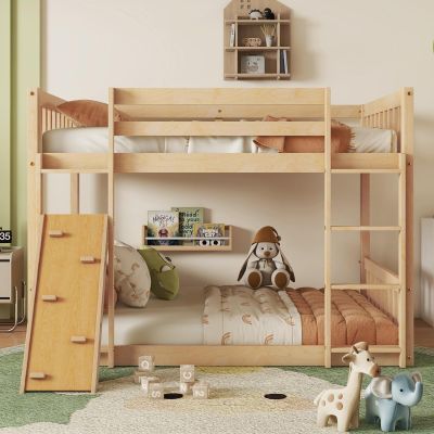 senfeii Twin Over Twin Floor Bunk Bed with Playhouse, Climbing Ramp + Dual Ladders, Safety Guardrails, Solid Pine/Premium Composite Wood, Slat Support, Easy Assembly, Mattress Not Included, Natural