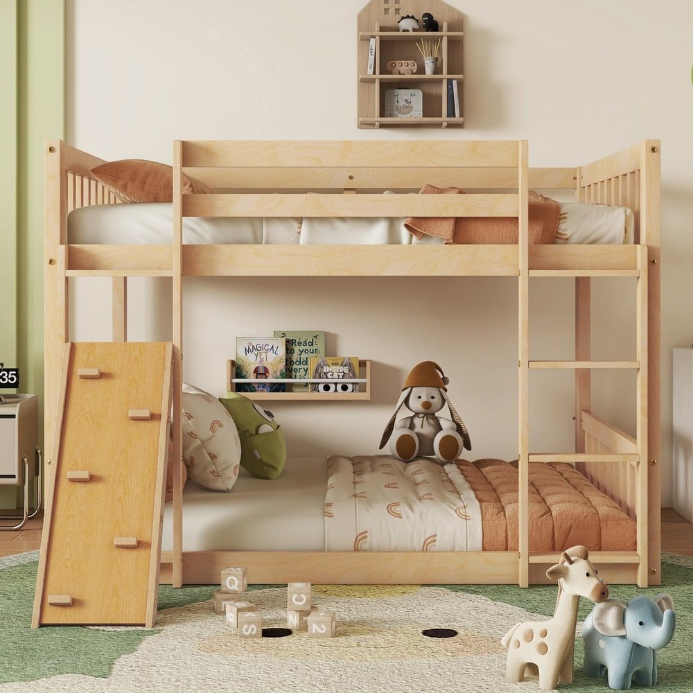 senfeii Twin Over Twin Floor Bunk Bed with Playhouse, Climbing Ramp + Dual Ladders, Safety Guardrails, Solid Pine/Premium Composite Wood, Slat Support, Easy Assembly, Mattress Not Included, Natural