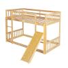 senfeii Twin Over Twin Floor Bunk Bed with Playhouse, Climbing Ramp + Dual Ladders, Safety Guardrails, Solid Pine/Premium Composite Wood, Slat Support, Easy Assembly, Mattress Not Included, Natural view 3
