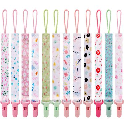 12 Pack Floral Baby Pacifier Clip for Girls, Cute Flower Printed Pacifier Holder, Sweet Stylish Design, Secure Clip, Lovely Baby Girl Gift