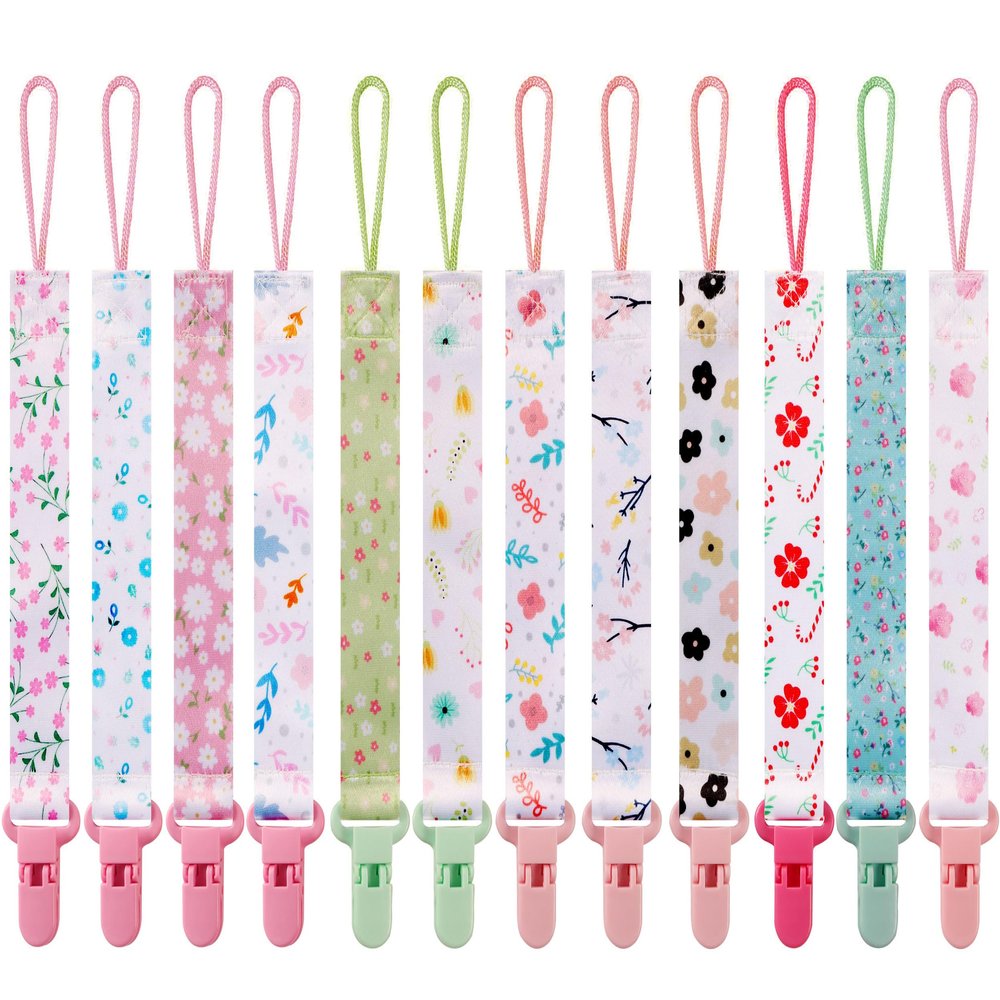 12 Pack Floral Baby Pacifier Clip for Girls, Cute Flower Printed Pacifier Holder, Sweet Stylish Design, Secure Clip, Lovely Baby Girl Gift