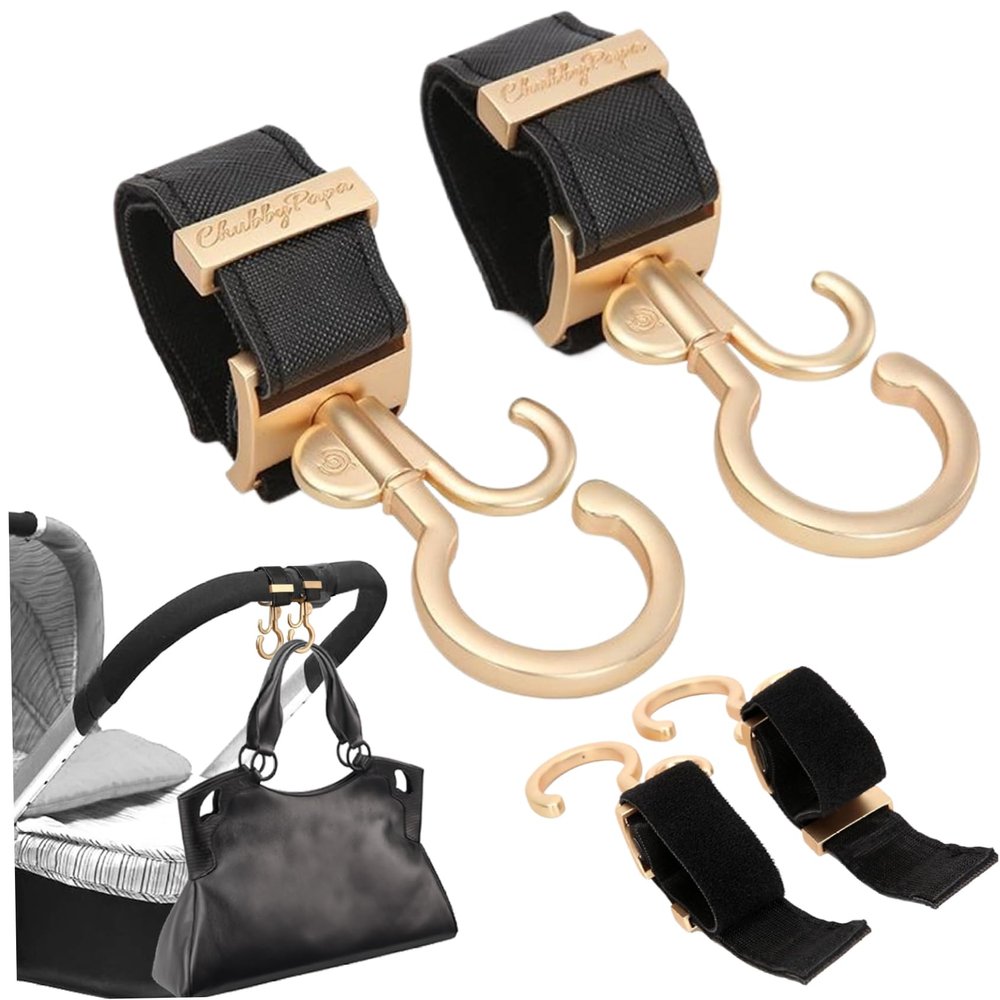 2PCS Stroller Hooks Dual Hook Rotating Stroller Clips Easy to Attach Accessories with Strong Load-Bearing Hand-Free Hooks for Diaper Bag Shopping Bag Gold