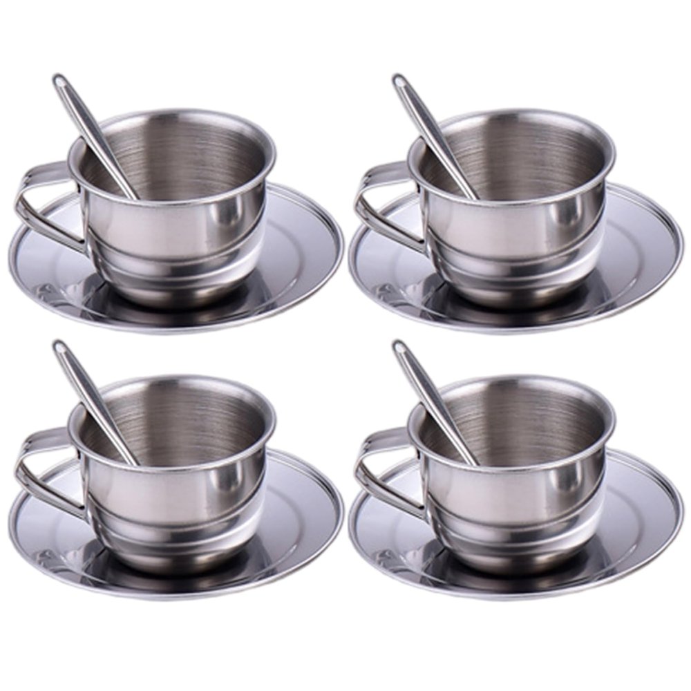 CAKEEYUM Kids Tea Set Heat-Resistant Stainless Steel Childrens Tea Set with 4 70ml Cup, 4 Saucer and Spoon for Girls and Boys