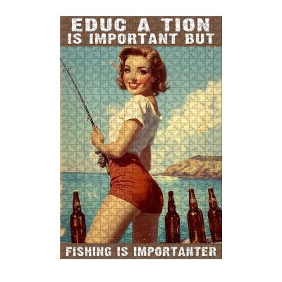 1000 Piece Wooden Jigsaw Puzzle Pin Up Girl Fishing Design Challenging Activity for Adults 29.5x19.7 Inch