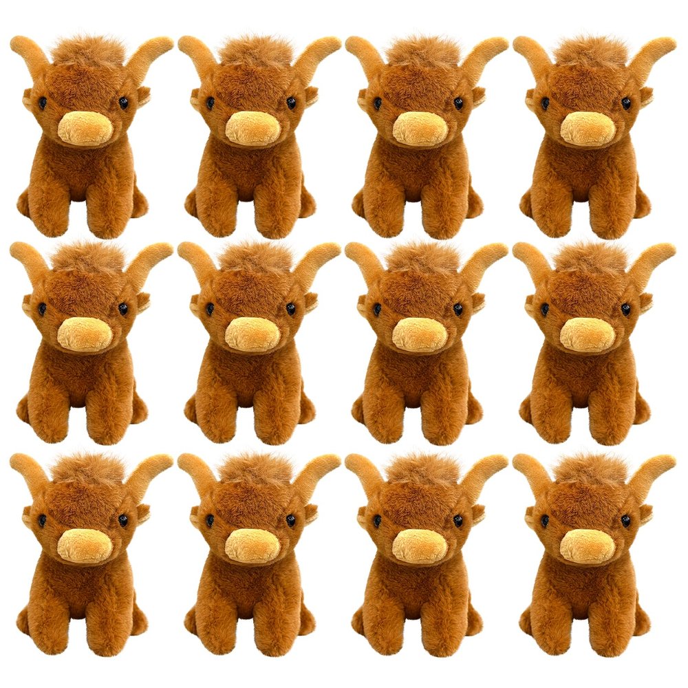 12 Pcs Highland Cow Stuffed Animal Plush Toy Scottish Highland Cow Animal Brown Realistic Cattle Plushie Doll Gifts for Stress Relief Christmas Birthday Forest Grassland Party Favors Decor