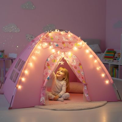 AFUNX Kids Play Tent, Extra Large Unicorn Playhouse for Girls with Star String Lights, 70"x45"x43" Pink Tent with Ice Cream & Fruit Prints, Foldable Indoor Play Tent, Tunnel-Ready, Easy Setup
