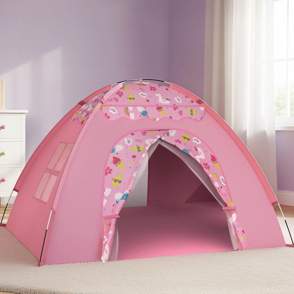 AFUNX Kids Play Tent, Extra Large Unicorn Playhouse for Girls, 70"x45"x43" Pink Kids Playhouse with Cute Ice Cream & Fruit Prints, Foldable Indoor Play Space, Tunnel-Ready Design, Easy Setup Gift Idea