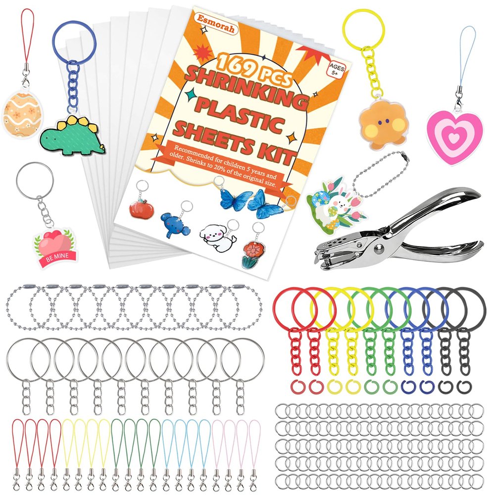 169PCS Shrink Dink Sheets Keychain Kit, with 8 Sheets 7.9"x5.7" Shrink Art Paper, Colorful Key Rings & Jump Rings, Ball Chains, Hole Punch  Ideal for Kids & Adults DIY Crafts Easter Ornaments & Gift
