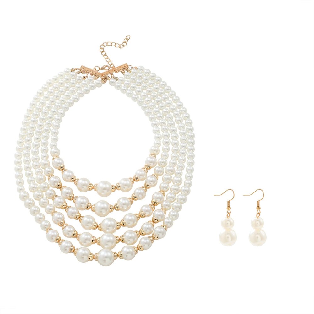 ZYIBPMSJKQCFK Bohemian Multi Layered Pearl Necklace Earring Set,white,38.5+7.5cm