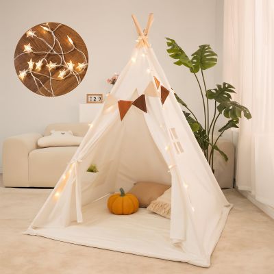 KetieStory Kids Play Tent Set Portable Teepee Tent for Toddlers with Mat & Star Lights, Washable and Foldable Indoor Play House for Baby Aging 1-3 as Reading Nook & Room Decor