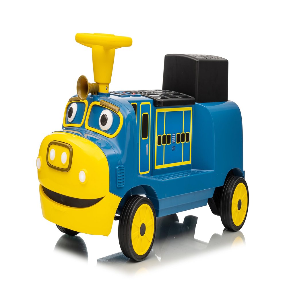 12V Ride on Train Trackless, 2 Seater Kids Ride on Toy Licensed by CHUGGINGTON with Removable Storage Chair, Light, Music, Rubber Wheels, Kids Electric Car for Boys Girls 3+ (Without Carriage)-Blue