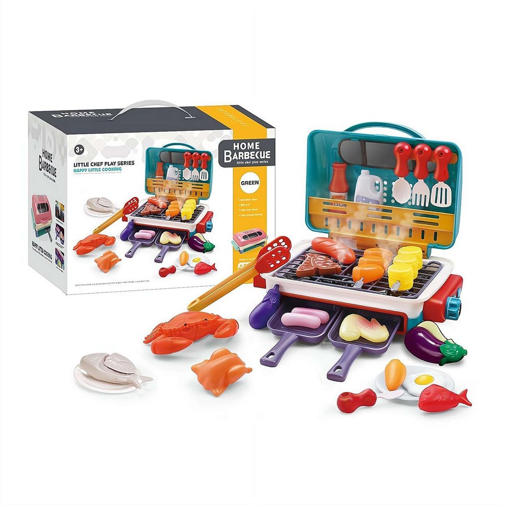 35 Pcs Kids BBQ Toy Grill Playset, Kitchen Playset with Lights & Sounds, Children's Kitchen Toys, Role Play Kitchen Accessories, Christmas Birthday Gift for Boys & Girls Ages 4-8 (Blue)