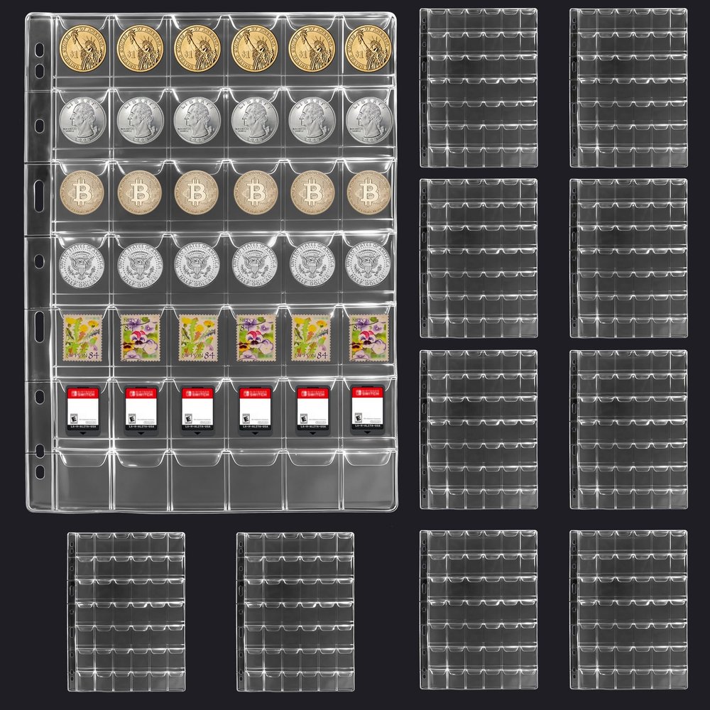 462 Pockets Coin Collection Pages,11 Sheets Standard 9 Hole Pocket Inserts for Binder,Holds 42 Coins per Page for Penny Nickel Dime Quarter,Clear Collecting Supplies for Stamp Badge