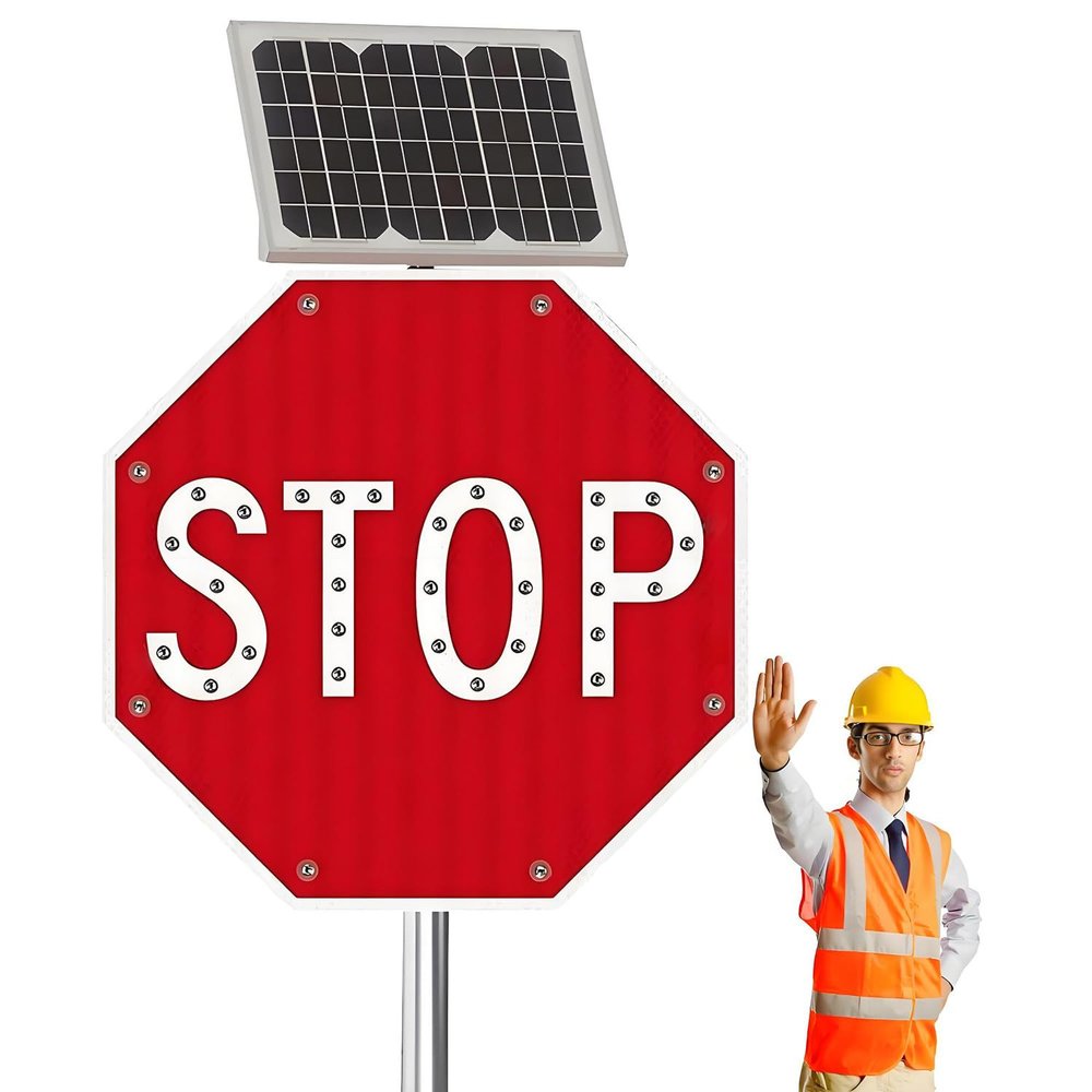Solar Power Stop Flashing Traffic Signs,Octagon Rust-Proof Stop Sign,Egp Reflective Film,Aluminum Reflective Flashing Stop Signs,for Lighted Illumanated Led Light Traffic Road Signs 80 * 80cm(32in)