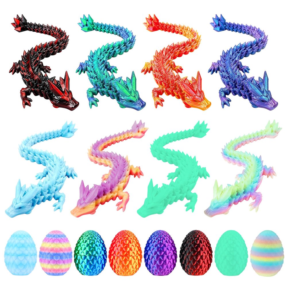 Fenoee 3D Printed Dragon Eggs, 8PCS Mini Crystal Dragon Toys for Ages 8-13 Year Old, Articulated Crystal Fidget Toy Gifts for Kids,Child, Boys and Girls