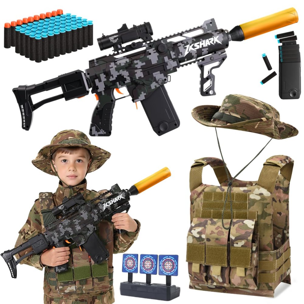 Kids Soft Bullet Gun Set with Tactical Vest, Camouflage Hat, 150 Foam Darts & Target - Outdoor Soldier Role Play Toy for Boys Age 8+