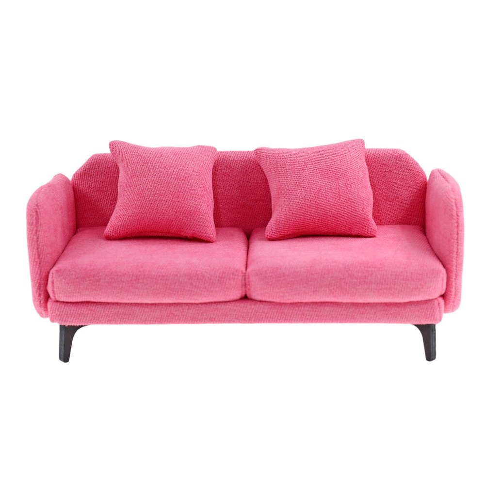 1:12 Dollhouse Colth Couch, Miniature Modern Double Sofa with Pillows, Dollhouse Simple Couch Furniture Accessories for Living Room Bedroom (Pink)