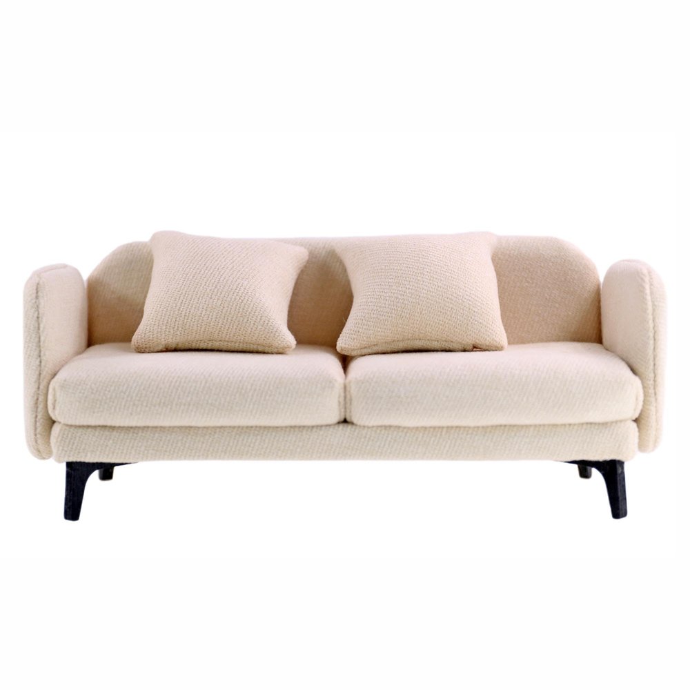 1:12 Dollhouse Colth Couch, Miniature Modern Double Sofa with Pillows, Dollhouse Simple Couch Furniture Accessories for Living Room Bedroom (White)