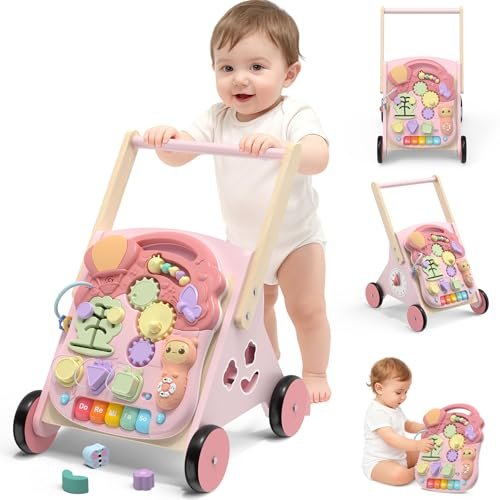 2 in 1 Wooden Baby Walker and Activity Center for Girls Boys Sit-to-Stand Learning Toy Kids Montessori Educational Push Toys with Music Detachable Busy Keyboard for Toddlers