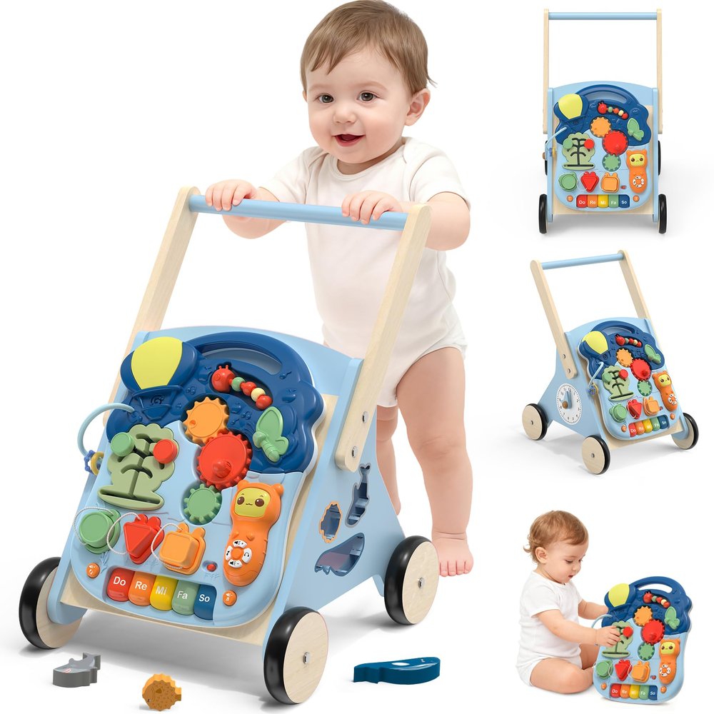 CHIAKBDK 2 in 1 Wooden Baby Walker and Activity Center for Girls Boys Sit-to-Stand Learning Toy Kids Montessori Educational Push Toys with Music Detachable Busy Keyboard for Toddlers Blue