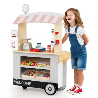 GLACER Grocery Store Pretend Play, Wooden Marketplace Toy Playset w/30 PCS Play Food Accessories, Cash Register & Scale, Market Stand w/Wheels & Beverage Rack, Play Store for Boys & Girls (Grey)