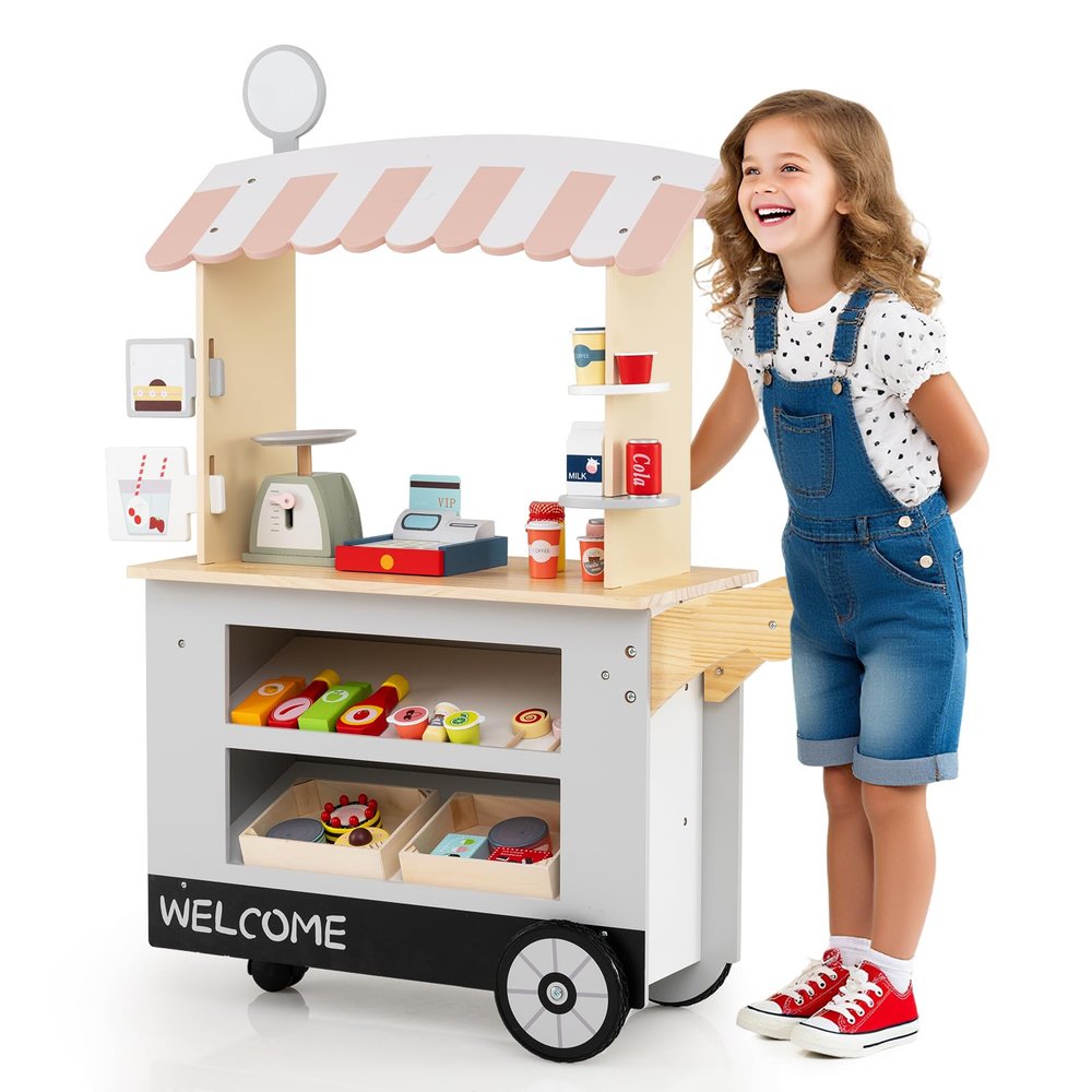 GLACER Grocery Store Pretend Play, Wooden Marketplace Toy Playset w/30 PCS Play Food Accessories, Cash Register & Scale, Market Stand w/Wheels & Beverage Rack, Play Store for Boys & Girls (Grey)