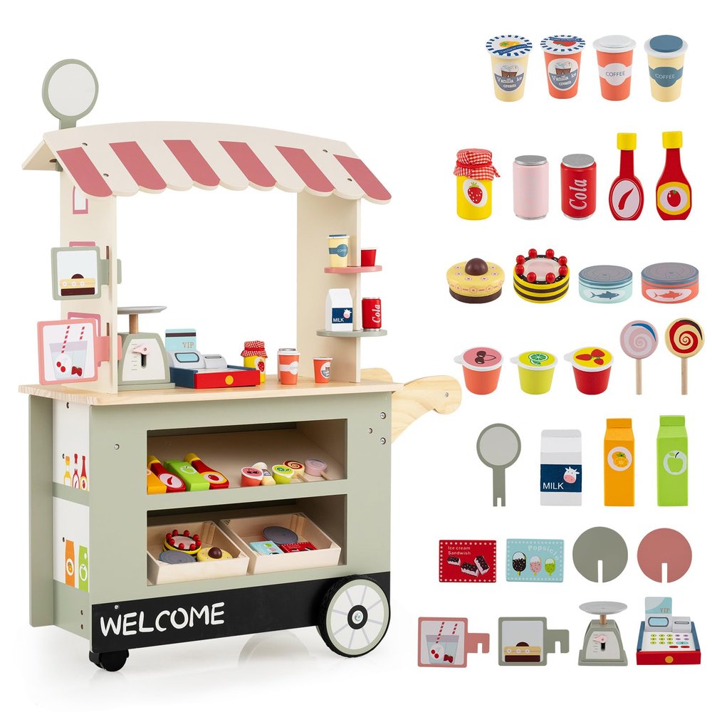 GLACER Grocery Store Pretend Play, Wooden Marketplace Toy Playset w/30 PCS Play Food Accessories, Cash Register & Scale, Market Stand w/Wheels & Beverage Rack, Play Store for Boys & Girls (Green)