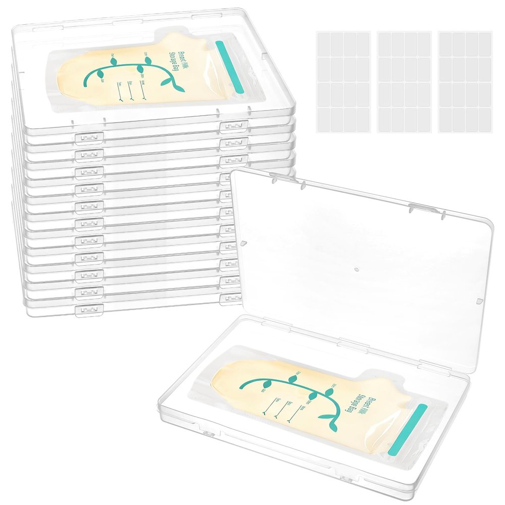 12 Pcs Clear Flat Breast Milk Freezer Storage Organizer with 48Pcs Small Labels Space Saving and Reusable Breastmilk Freezer Tray for Breastfeeding Bag Organization, 7.48 x 5.11 x 0.67 Inch