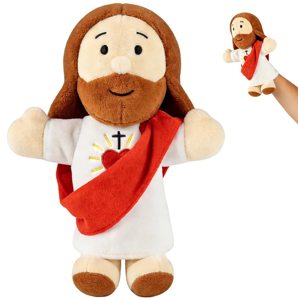 AKAIXI Jesus Hand Puppet Stuffed Jesus Plush Doll 13" Red Bible Story Interactive Catholic Toy Fit Adult Hand Easter Christian Baby Gifts for Kids Toddler Sunday School Church First Communion Baptism