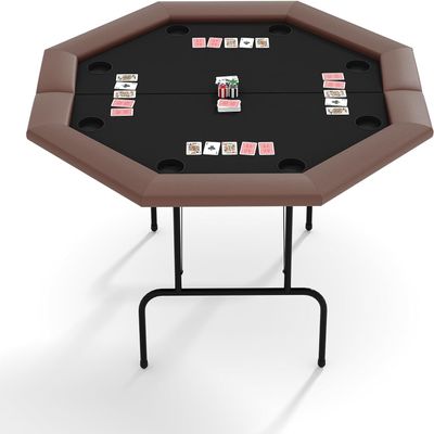 FinerFurnis Poker Table for 8 Players, Octagon Foldable Design with Collapsible Legs and Cup Holders, Casino Quality Texas Holdem and Blackjack Card Gaming Table for Adults-Brown