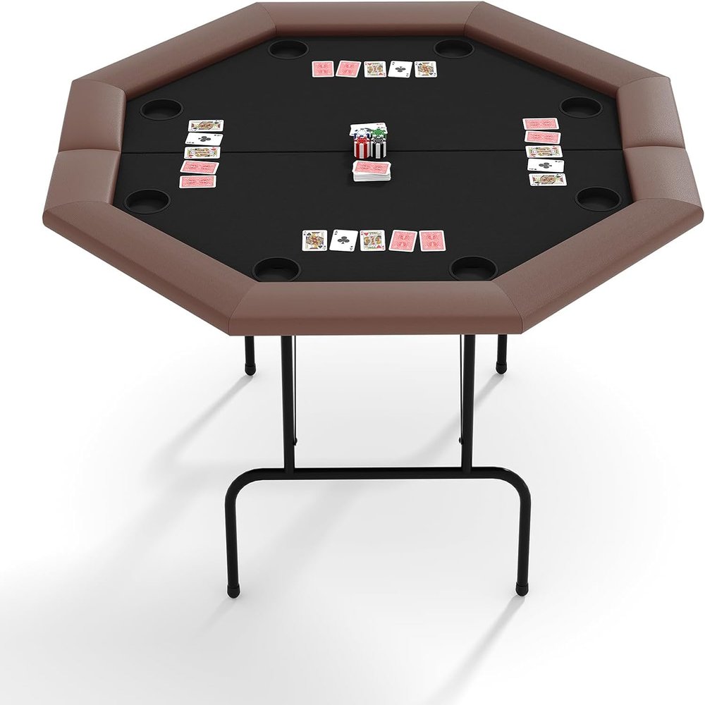 FinerFurnis Poker Table for 8 Players, Octagon Foldable Design with Collapsible Legs and Cup Holders, Casino Quality Texas Holdem and Blackjack Card Gaming Table for Adults-Brown