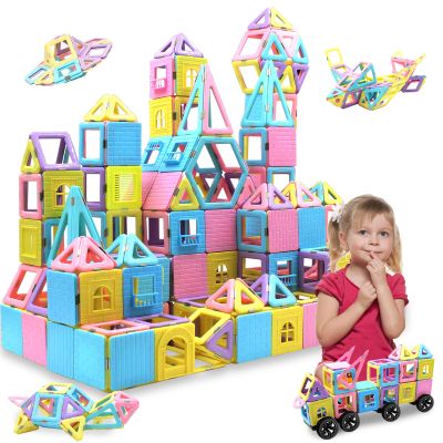 124PCS Magnetic Tiles Toys for 3 4 5 6 7 8+Year Old Boys Girls Upgrade Macaron Castle Blocks Building Set for Toddlers STEM Creativity/Educational Toys for Kids Valentines Day Christmas Birthday Gifts