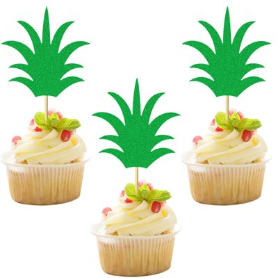 12PCS Green Glitter Pineapple Leaf Cupcake Toppers, Tropical Style Celebration Cake Decoration,Great Decor for Party Desserts