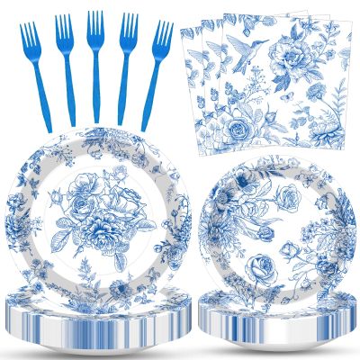 100 Pcs Blue and White Floral Tableware Party Supplies Set, Serves 25 Disposable Elegant Flower Paper Plates, Napkins, and Plastic Forks for Wedding, Bridal Shower, Birthday, Garden Tea Decorations