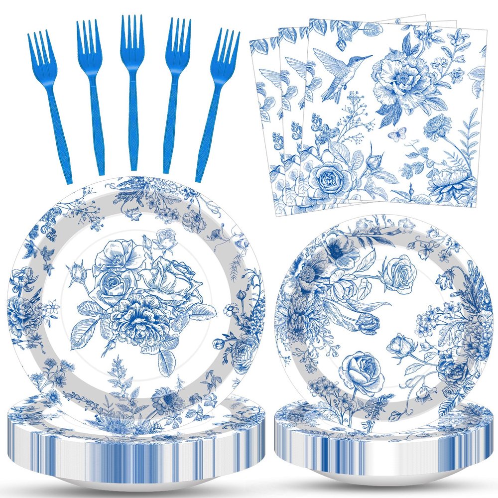 100 Pcs Blue and White Floral Tableware Party Supplies Set, Serves 25 Disposable Elegant Flower Paper Plates, Napkins, and Plastic Forks for Wedding, Bridal Shower, Birthday, Garden Tea Decorations