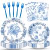 100 Pcs Blue and White Floral Tableware Party Supplies Set, Serves 25 Disposable Elegant Flower Paper Plates, Napkins, and Plastic Forks for Wedding, Bridal Shower, Birthday, Garden Tea Decorations view 1